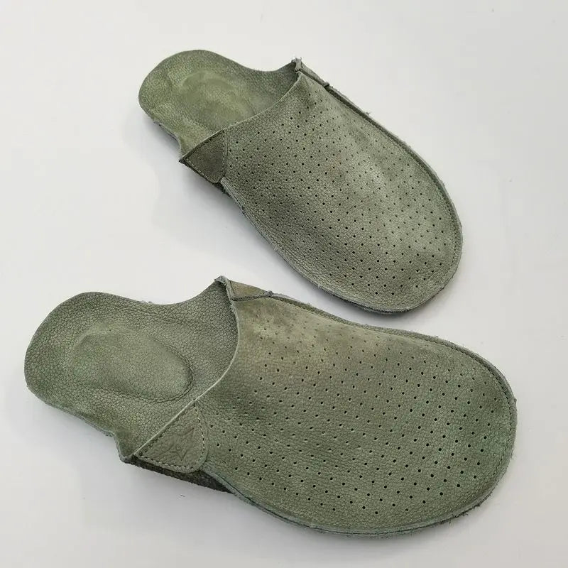 natural Leather mule slippers Men's summer Slippers Cowhide Hollow Breathable Soft Bottom Retro Handmade Cool Slipper Summer