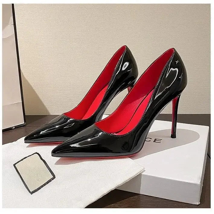 Red Sole High Heels Pointed Toe Sexy Stiletto Night Club Work Shoes Velvet Material Korean Style round Toe Rubber Outsole