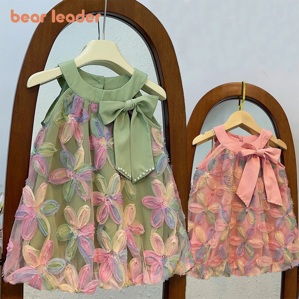 Vestido de Ursa Líder para Menina 2025 Verão Novo Vestido de Menina Vestido de Princesa Vestido de Fio com Flores Coloridas para Criança Roupa Infantil
