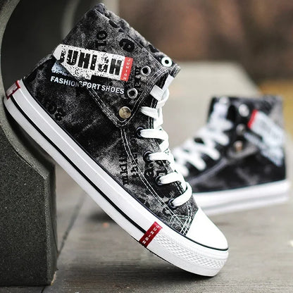 Men Canvas Shoes High-top Flats Lace-up Men Shoes Print Denim Shoes for Male Breathable Casual Shoe Cowboy Boots Tenis Masculino