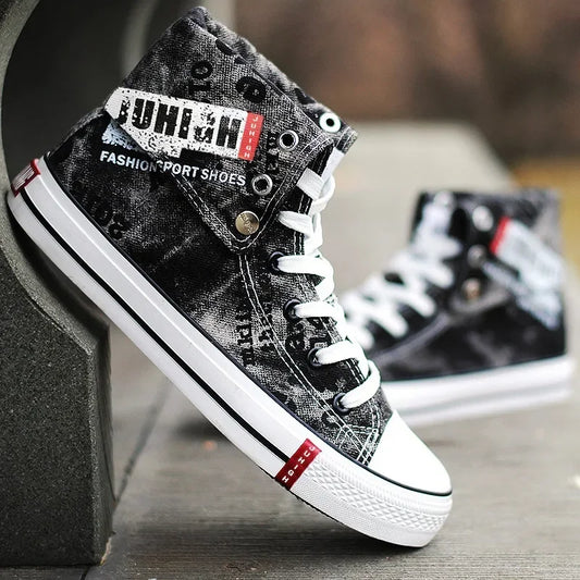 Men Canvas Shoes High-top Flats Lace-up Men Shoes Print Denim Shoes for Male Breathable Casual Shoe Cowboy Boots Tenis Masculino