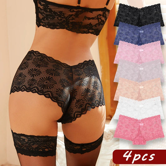 4pcs Sexy Lace Transparent Pantie Women Hollow  Boxers Low Waist Soft Lingerie Soft Comfortable Intimates Panties Sexy Sleepwear