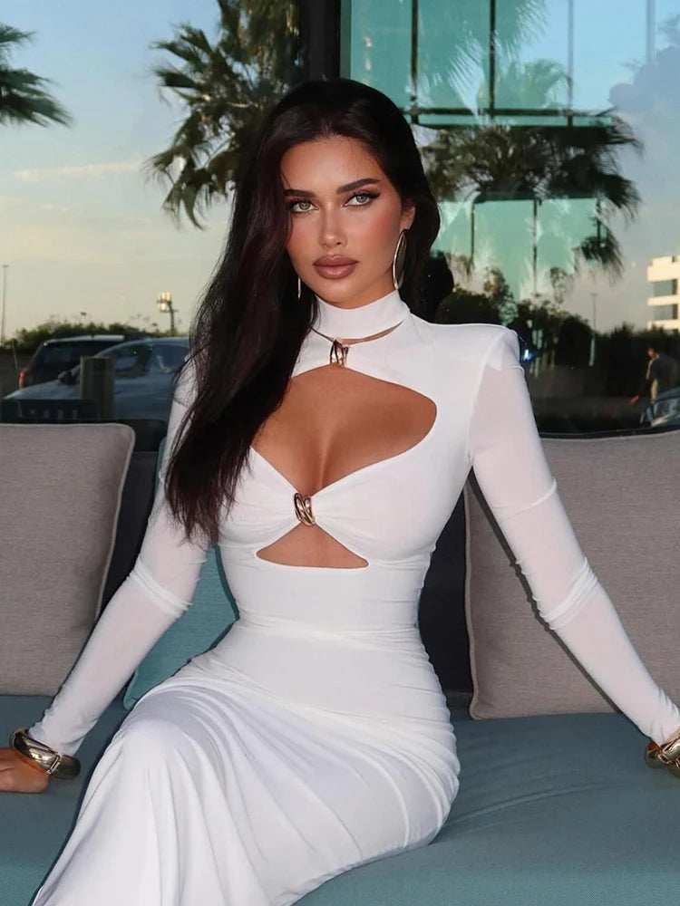 Vestidos de Festa Elegantes para Mulheres, Moda Sexy, Cor Sólida, Manga Comprida, Gola Alta, Vazado, Bainha, Vestidos Longos com Saia Justa, Robes Femininos