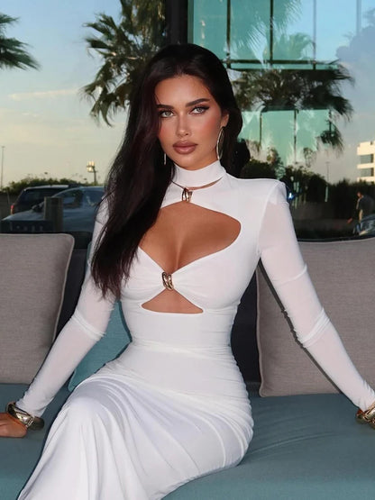 Vestidos de Festa Elegantes para Mulheres, Moda Sexy, Cor Sólida, Manga Comprida, Gola Alta, Vazado, Bainha, Vestidos Longos com Saia Justa, Robes Femininos