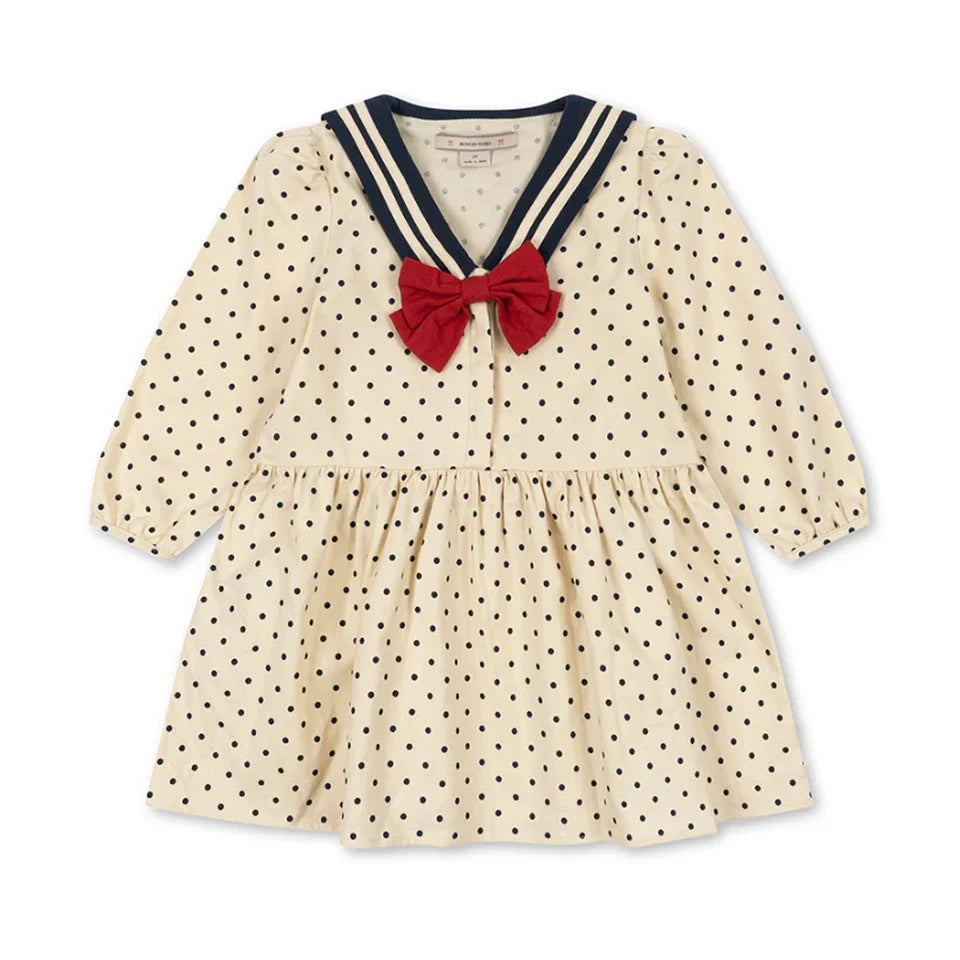 Verão 2026 Meninas KS Vestido Estampado de Bolinhas Roupa de Férias Menina Camisolas de Manga Comprida Calças Estilo Preppy Infantil Vestidos Conjunto de Roupa para Crianças