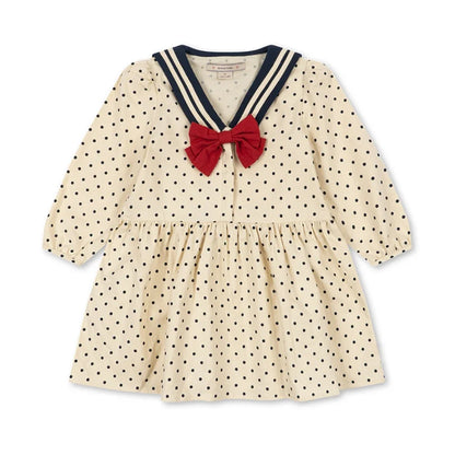 Verão 2026 Meninas KS Vestido Estampado de Bolinhas Roupa de Férias Menina Camisolas de Manga Comprida Calças Estilo Preppy Infantil Vestidos Conjunto de Roupa para Crianças