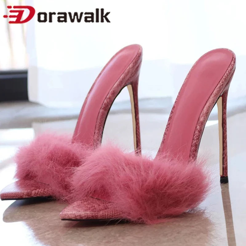 Chinelos de Mulher Rosa Fluffy Flufft 12cm Salto Alto de Pelo Festa Noite Aniversário Sandálias Sexy Bico Fino Sapatos Slingback para Senhoras