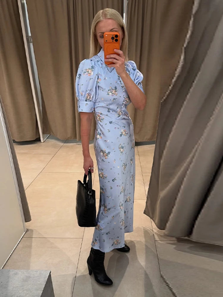 Vestido Longo Floral com Botões de Pérola, Gola com Lapela, Manga Curta Abaulada, Cintura Marcada, Estampado, Slim, Elegante, Moda Feminina, Vestido Novo de Senhora