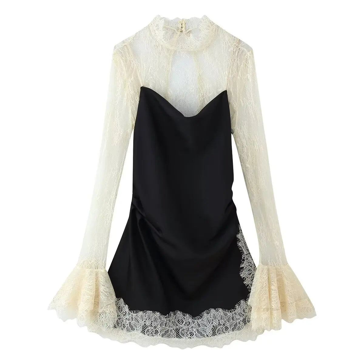 HH 2026 Vestido Mini de Renda Patchwork para Mulher Vintage Contraste Slim Manga Comprida Vestidos Y2k Verão Moda High Street Senhora Chic Vestido