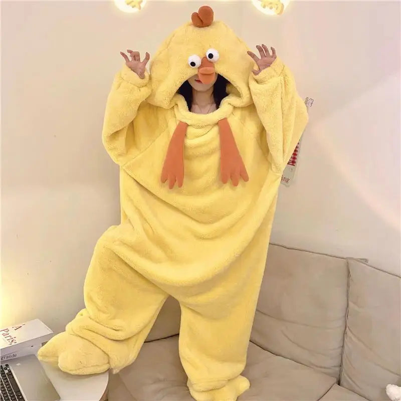 New Pajamas Cartoon Anime Sleepwear Little Yellow Chicken Bodysuit Coral Fleece Warm Comfortable Thicken Nightgown Homewear Robe