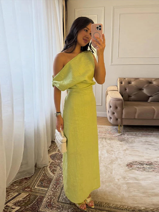 Off-shoulder Linen Maxi Dresses Women's Slim Waist-cinching Hip-wrap Ankle-length Dress 2026 New Ladies Summer Solid Outwear