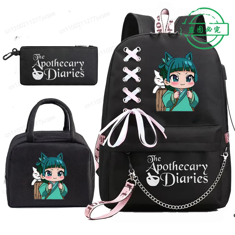 Mochila Escolar Mochila de Estudante Adolescente Bolsa Escolar Os Diários da Boticária Maomao Anime com Lancheiras Portáteis 3 Peças