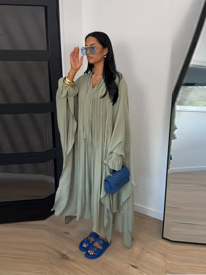 Vestido Maxi Vestidos de Mulher Manga Morcego Bege Folho Decote com Laço Plissado Oversized Roupa de Mulher Roupa Casual Roupa de Verão