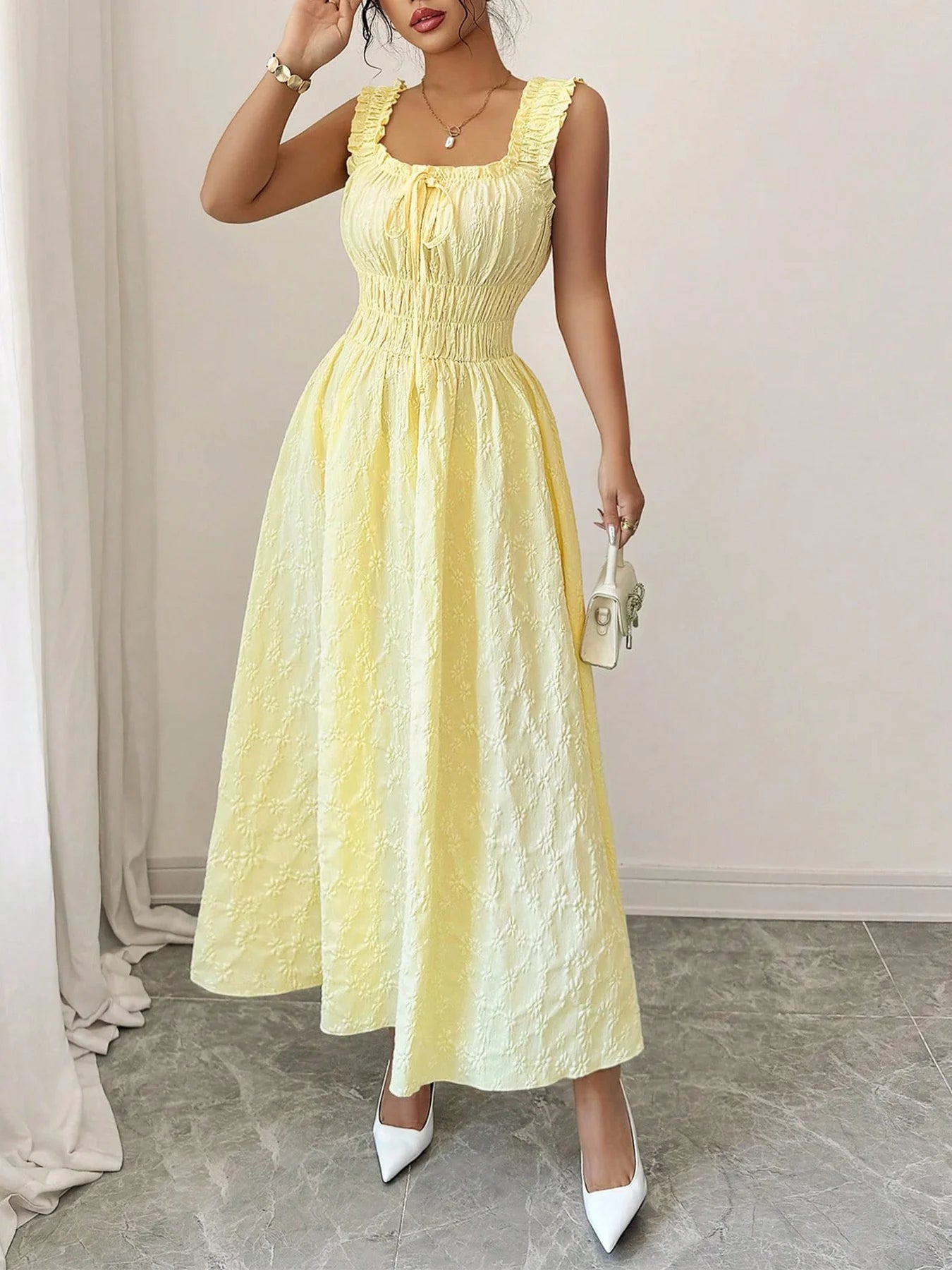 [Vacation Essential] Yellow Smocked Midi Dress, Chic Beach Party Date Night Dress