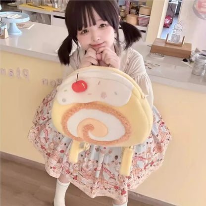 Mochilas Mulher Y2K Roll Cake Mochila Feminina Bolsas de Ombro Kawaii Para Mulher Peluche Macio Grande Capacidade Mochilas Fofas Estéticas