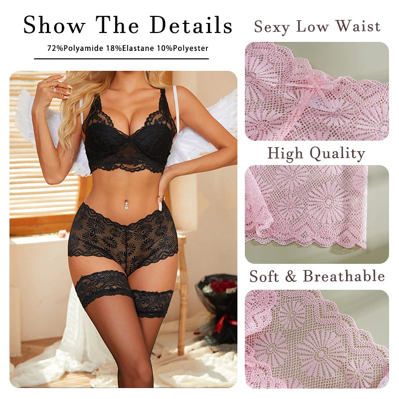 4pcs Sexy Lace Transparent Pantie Women Hollow  Boxers Low Waist Soft Lingerie Soft Comfortable Intimates Panties Sexy Sleepwear