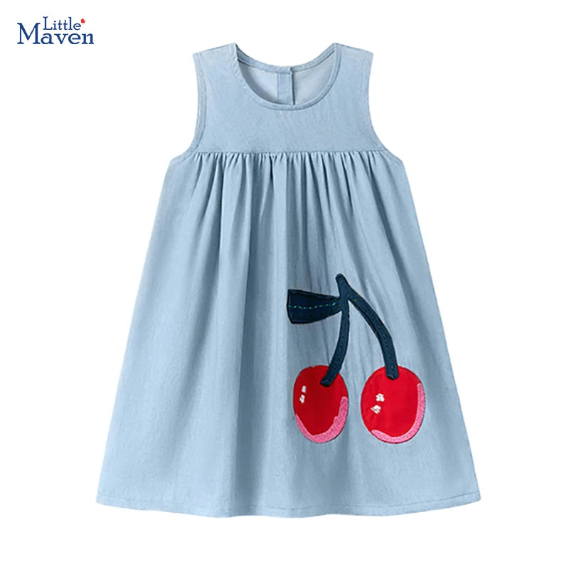 Little maven Vestidos de verão sem mangas para meninas, vestidos casuais infantis, vestidos de ganga com cerejas, roupa para crianças, presentes de Natal