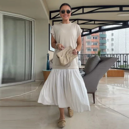Women Dress Crew Neck Cap Sleeve Color Blocking Midi Dress Loose Fit Pleated Hem Casual Summer Streetwear Office Outfit Dresses