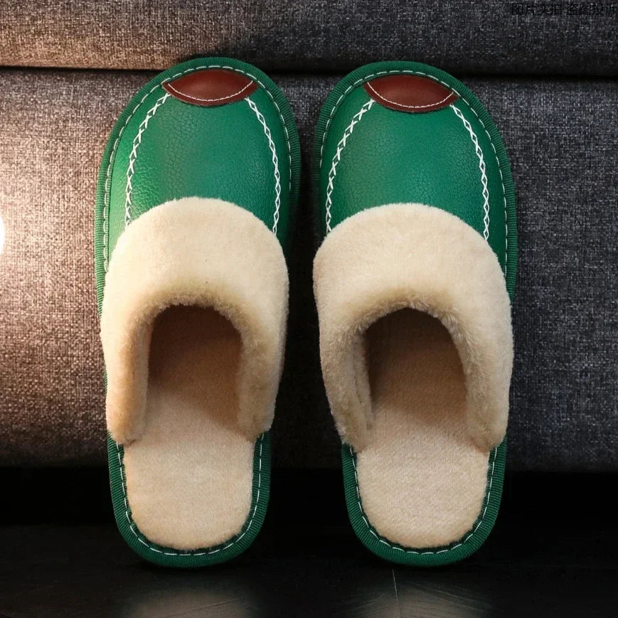 Men Slippers Black New Winter PU Leather Slippers Warm Indoor Slipper Waterproof Home House Shoes Men Warm Leather Slippers