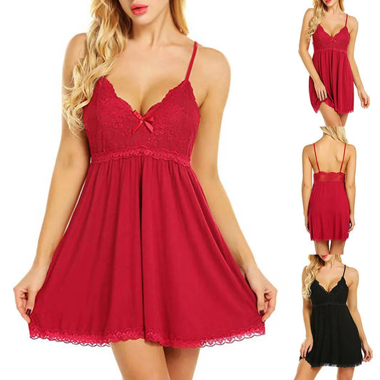 2026 New Sexy Lace Nightgown Womens V Neck Spaghetti Strap Chemise Lingerie Babydoll Sleepwear Mini Dress Nightie Plus Size Hot