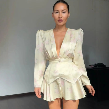 Vestido Elegante Estampado Feminino Decote em V Profundo Manga Comprida Cintura Marcada Vestidos Plissados 2026 Verão Senhora Férias Festa Vestidos