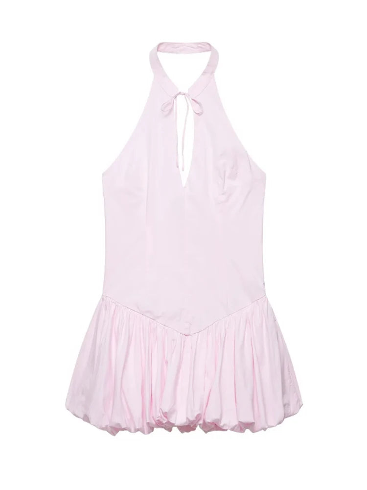 Vestido Mini Halter Chique Rosa Costas Descobertas Sem Ombros Vazado com Renda Franzido Bolha Vestidos Femininos para Festas e Clubes