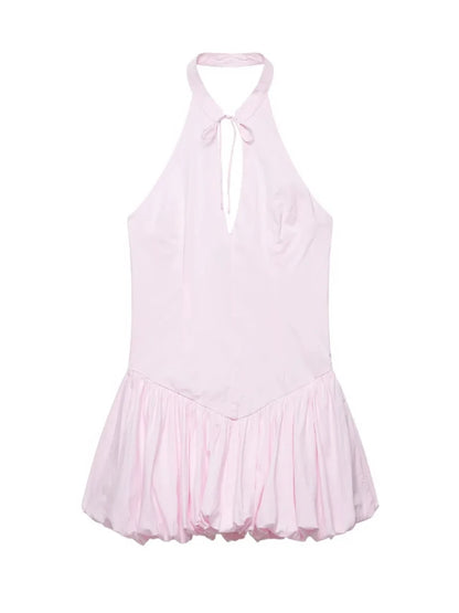 Vestido Mini Halter Chique Rosa Costas Descobertas Sem Ombros Vazado com Renda Franzido Bolha Vestidos Femininos para Festas e Clubes