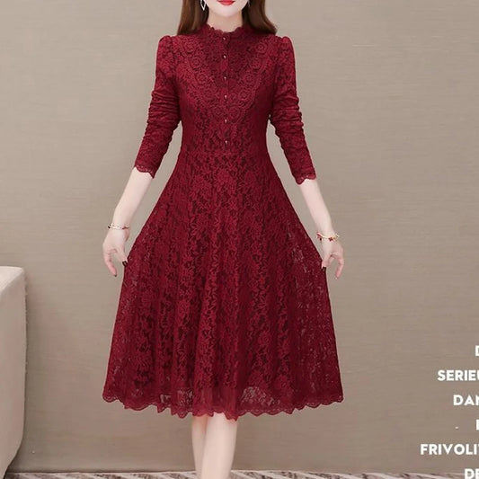 Autumn Winter New Solid Color Fashion Long Sleeve Vintage Dress Women High Street Slim Lace Patchwork Hollow Out Elegant Dresses