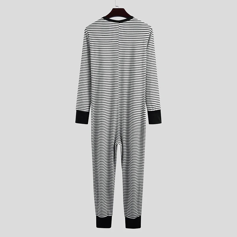 Spring Men O Neck One-piece Pajamas Long Sleeve Striped Daily Home Wear Rompers Slim-fit Button-down Cozy Sexy Tight Sleepwear