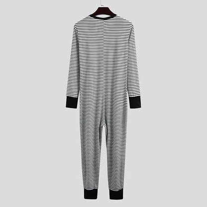 Spring Men O Neck One-piece Pajamas Long Sleeve Striped Daily Home Wear Rompers Slim-fit Button-down Cozy Sexy Tight Sleepwear