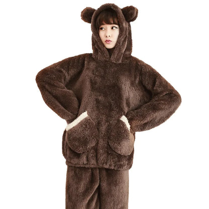 Autumn Winter Thickened Warm Women Loungewear Suit Cartoon Plush Hooded Bear Sleepwear Ladies Flannel Homewear Nightwear Set