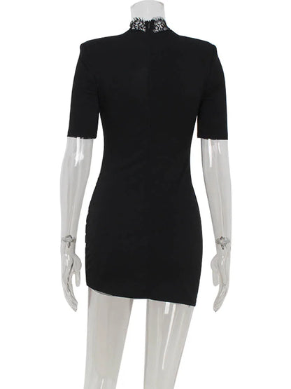 Huhugirl Lace Patchwork Hollow Out Bodycon Sheath High Collar Women Dresses Half Sleeve Outfits Sexy Club Fashion Female Vestido
