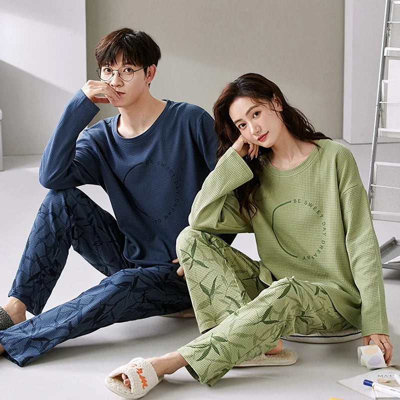 New Long Sleeve Sleepwear Couple Men Women Matching Home Clothes Cotton Cartoon Leisure Nightwear Pajamas Set Lover Loungewear