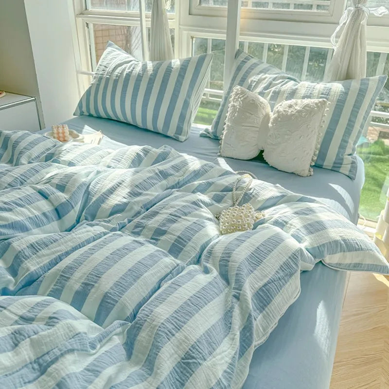 Lightweight Hotel Luxury Duvet Cover 4Pcs Blue White Vertical Stripes Ultra Soft Breathable Comforter Cover Bed Sheet Pillowcase