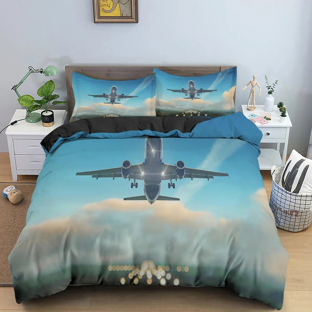 Boys Airplane Duvet Cover Set Children Teens Aviation Aircraft Runway Bedding Set 3D Airplane Cover Room Decortion for Adults
