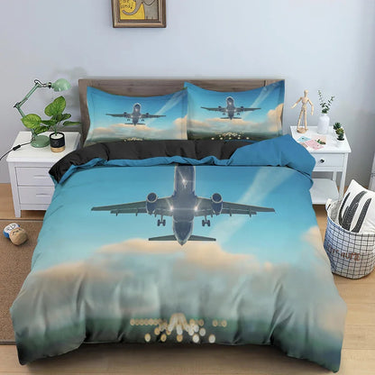 Boys Airplane Duvet Cover Set Children Teens Aviation Aircraft Runway Bedding Set 3D Airplane Cover Room Decortion for Adults