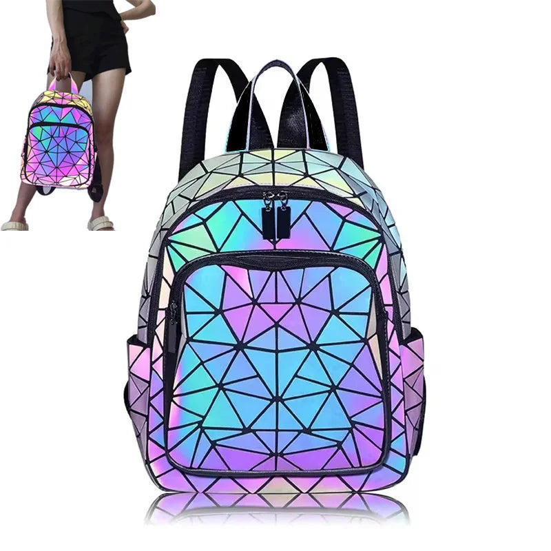 Mochila luminosa feminina em PVC holográfico, geométrica, para meninas adolescentes, mochila escolar, mochila feminina, para viagem, de ombro