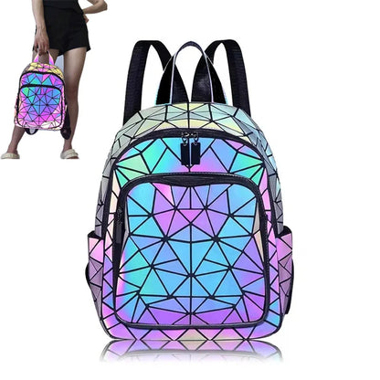 Mochila luminosa feminina em PVC holográfico, geométrica, para meninas adolescentes, mochila escolar, mochila feminina, para viagem, de ombro