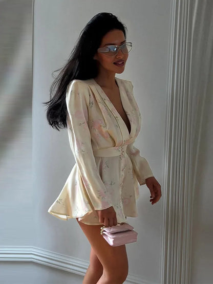 Vestido Elegante Estampado Feminino Decote em V Profundo Manga Comprida Cintura Marcada Vestidos Plissados 2026 Verão Senhora Férias Festa Vestidos
