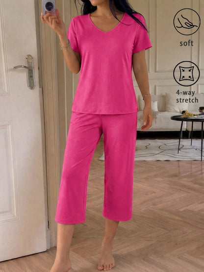 Womens Super Soft Pajama Sets Short Sleeve Top With Capri Pants Sleepwear 2 Piece Lounge Set