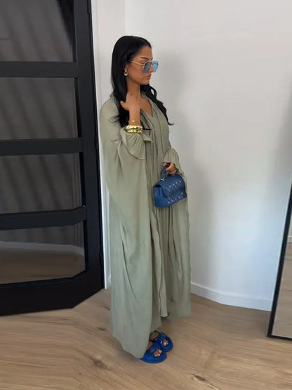 Vestido Maxi Vestidos de Mulher Manga Morcego Bege Folho Decote com Laço Plissado Oversized Roupa de Mulher Roupa Casual Roupa de Verão