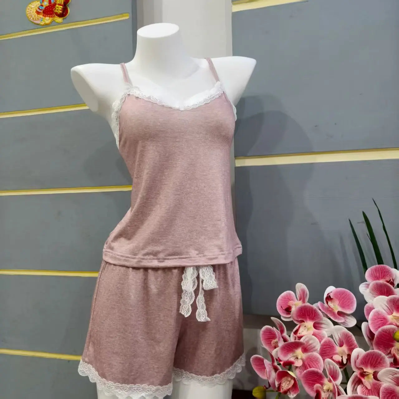 Womens Soft Pajama Set Sexy Lace Trim Cami Top and Shorts Two Piece Sleepwear Loungewear Cute Summer V Neck Casual Pjs New Hot