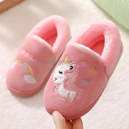 Chinelo Infantil Unicórnio Meninos Meninas Pantufas de Pelo de Algodão Quente Inverno Casa Calçado de Criança