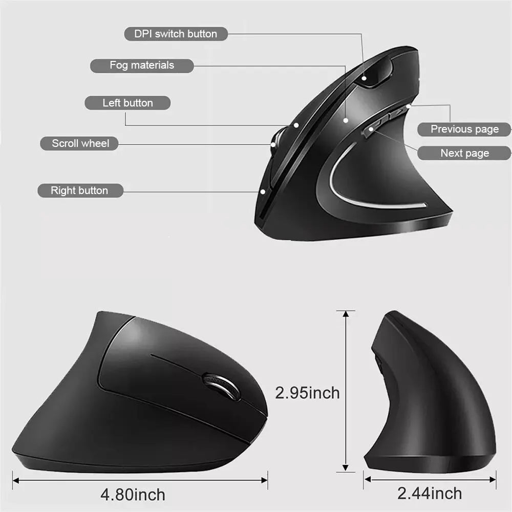Rato Vertical Sem Fios Bluetooth 800 1200 1600 DPI 6 Botões Punho Lateral Personalizado Ergonómico 2.4G Silencioso para Jogos PC