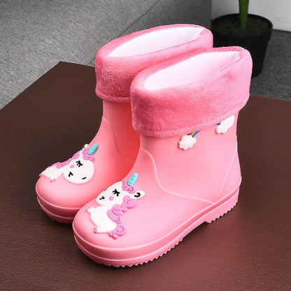 Botas de Chuva para Crianças Meninas Galochas Meninos PVC Quente Crianças Sapatos Impermeáveis Modis Desenho Animado Unicórnio Capa de algodão removível