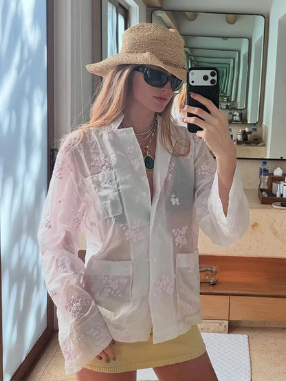 Conjunto de Calças e Top Estampado Sensual Mulheres Manga Comprida Gola, Transparente, Casaco de Botões, Calças Largas, Conjuntos Femininos Verão 2026, Fatos de Senhora