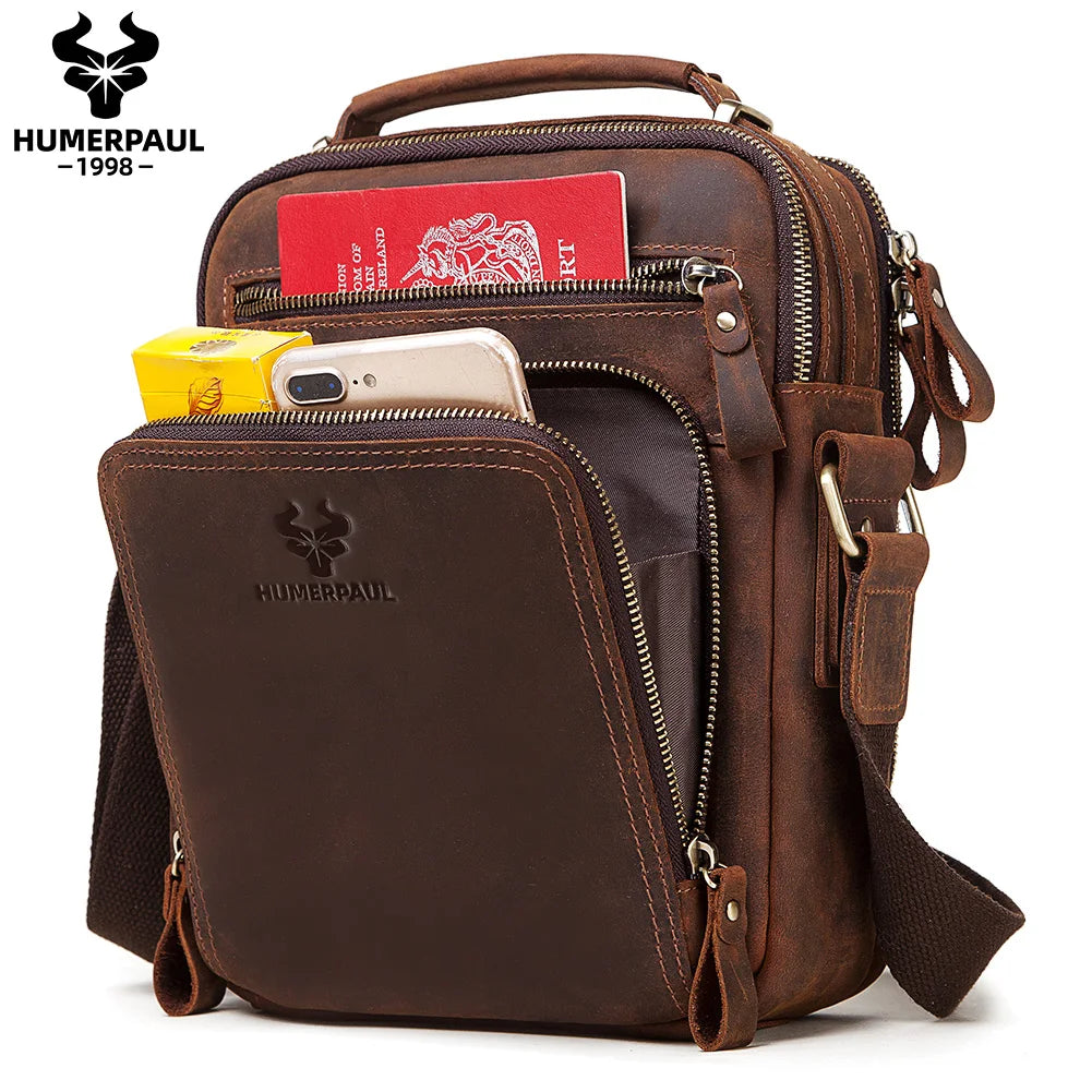 HUMERPAUL Mala de Homem em Couro Genuíno Vintage, Bolsas de Tiracolo, Grande Capacidade, Bolsa de Mensageiro Masculina, Mala de Viagem Bolso Hombres
