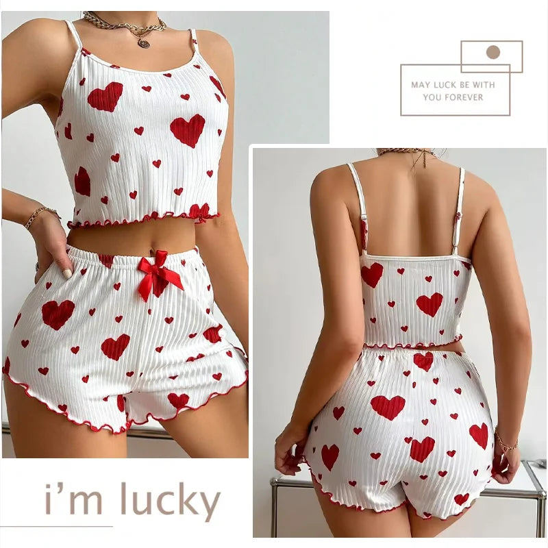 1 Sets Heart Print Bowknot Sleepwear Vest and Shorts Pajamas Set Women Ventilate Suspenders Loungewear Summer Casual Sleepwear