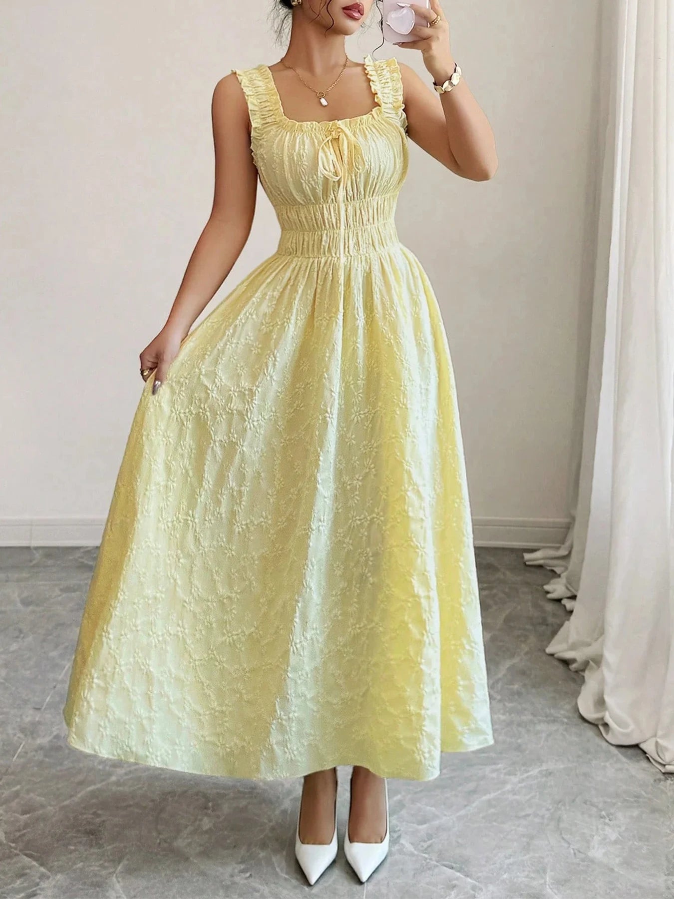 [Vacation Essential] Yellow Smocked Midi Dress, Chic Beach Party Date Night Dress