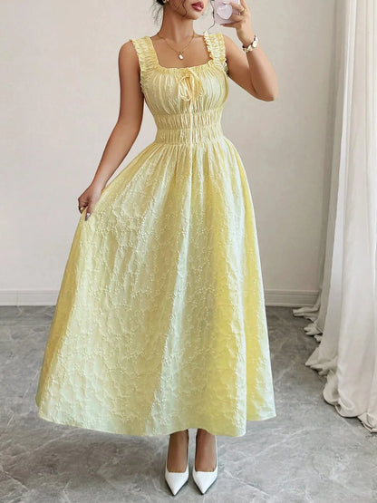 [Vacation Essential] Yellow Smocked Midi Dress, Chic Beach Party Date Night Dress